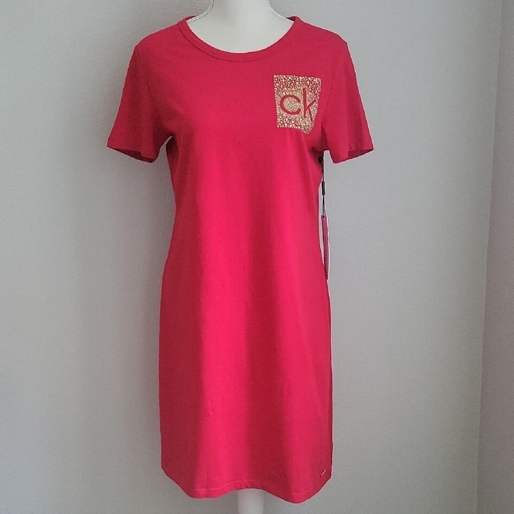 Calvin Klein Red Pocket T-shirt Dress w/ Gold Embellishments Cotton & Spandex